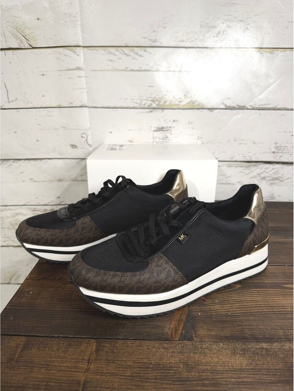 Michael Kors Monique Logo Women's Sneaker Black Brown 9.5M Platform NWOB